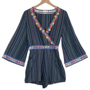 LAIA Anthropologie Nantucket Embroidered Striped Romper Sz‎ XS Boho Bell Sleeve